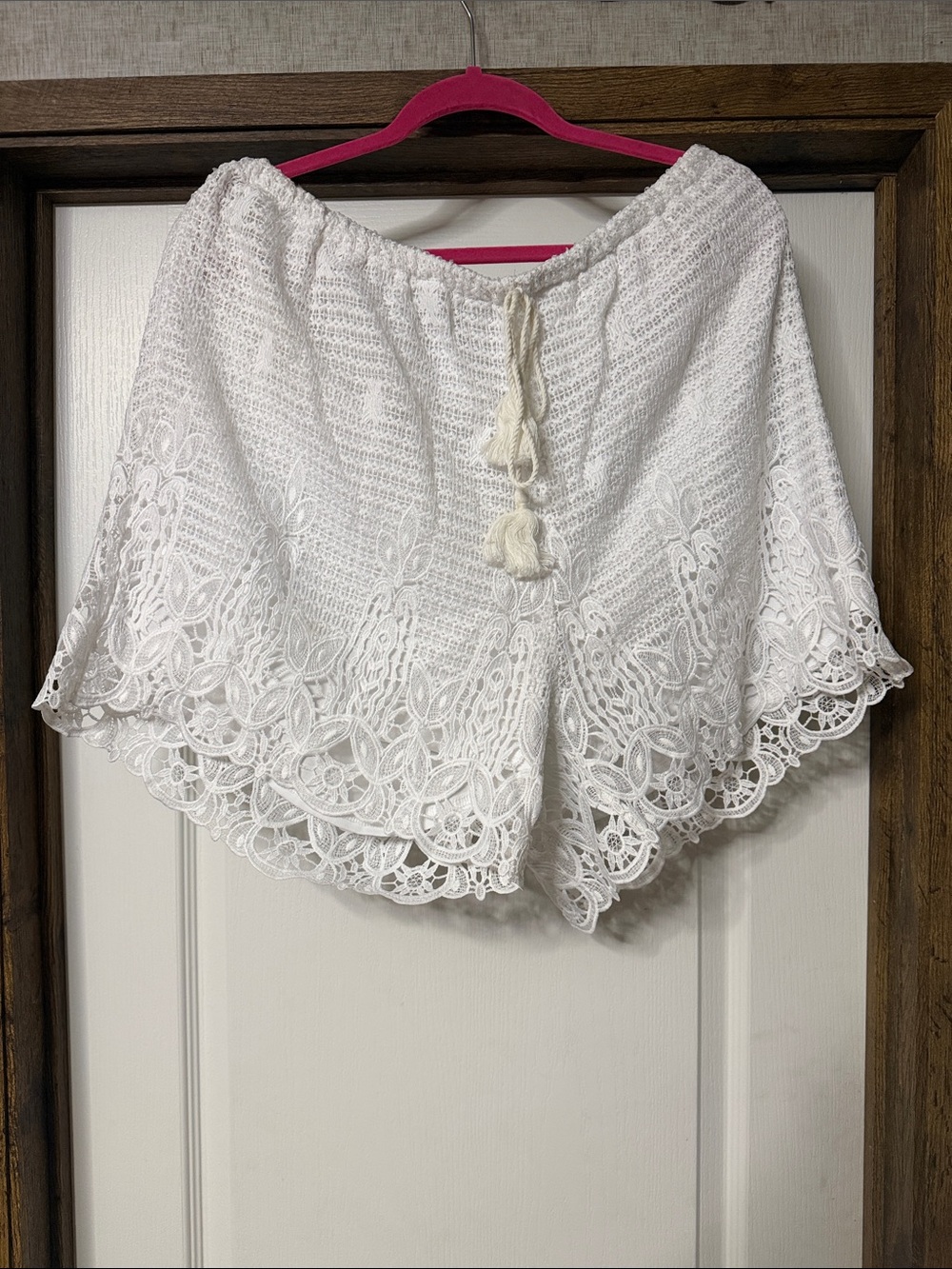 White Crochet Lace Shorts with Tassel Tie